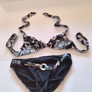Kim Rogers Bikini Swim Suit Top Medium/ Bottom Large Black Blue Floral
